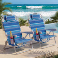 5-Position Aluminum Lay Flat Backpack Beach Chair 2 Pack, Compact Portable Low Beach Chairs for Adults, Beach Chair with Cooler Pouch, Storage Pouch, Towel Bar, Cup Holder, Blue Stripe