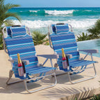 5-Position Aluminum Lay Flat Backpack Beach Chair 2 Pack, Compact Portable Low Beach Chairs for Adults, Beach Chair with Cooler Pouch, Storage Pouch, Towel Bar, Cup Holder, Blue Stripe