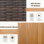 Outdoor Storage Bench, Outside Cushioned Loveseat Seating with Acacia Wood Backrest, 2 Folding Side Tables & 2 Doors, PE Rattan Deck Box for Patio Cushions, Garden Tools & Pool Supplies
