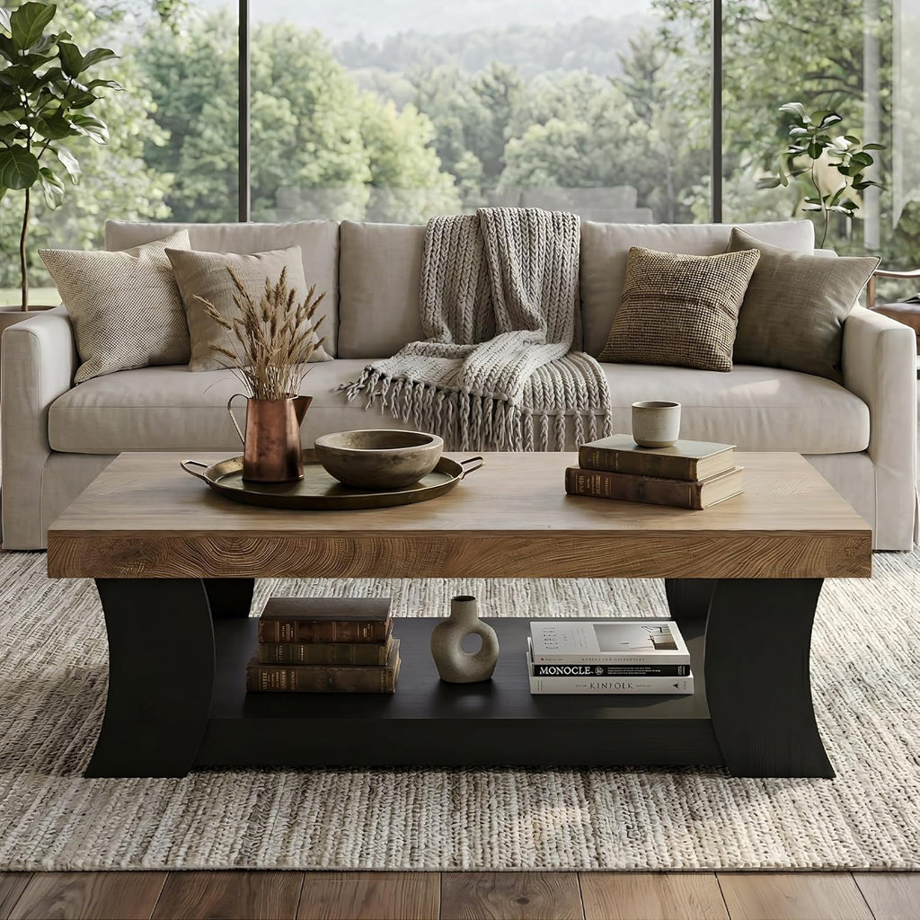 LITTLE TREE 55" Coffee Table, Living Room Table with Storage Shelf, Wooden Coffee Table, Modern Farmhouse Rectangle Center Table for Living Room, Bedroom, Office, Rustic Brown+Black