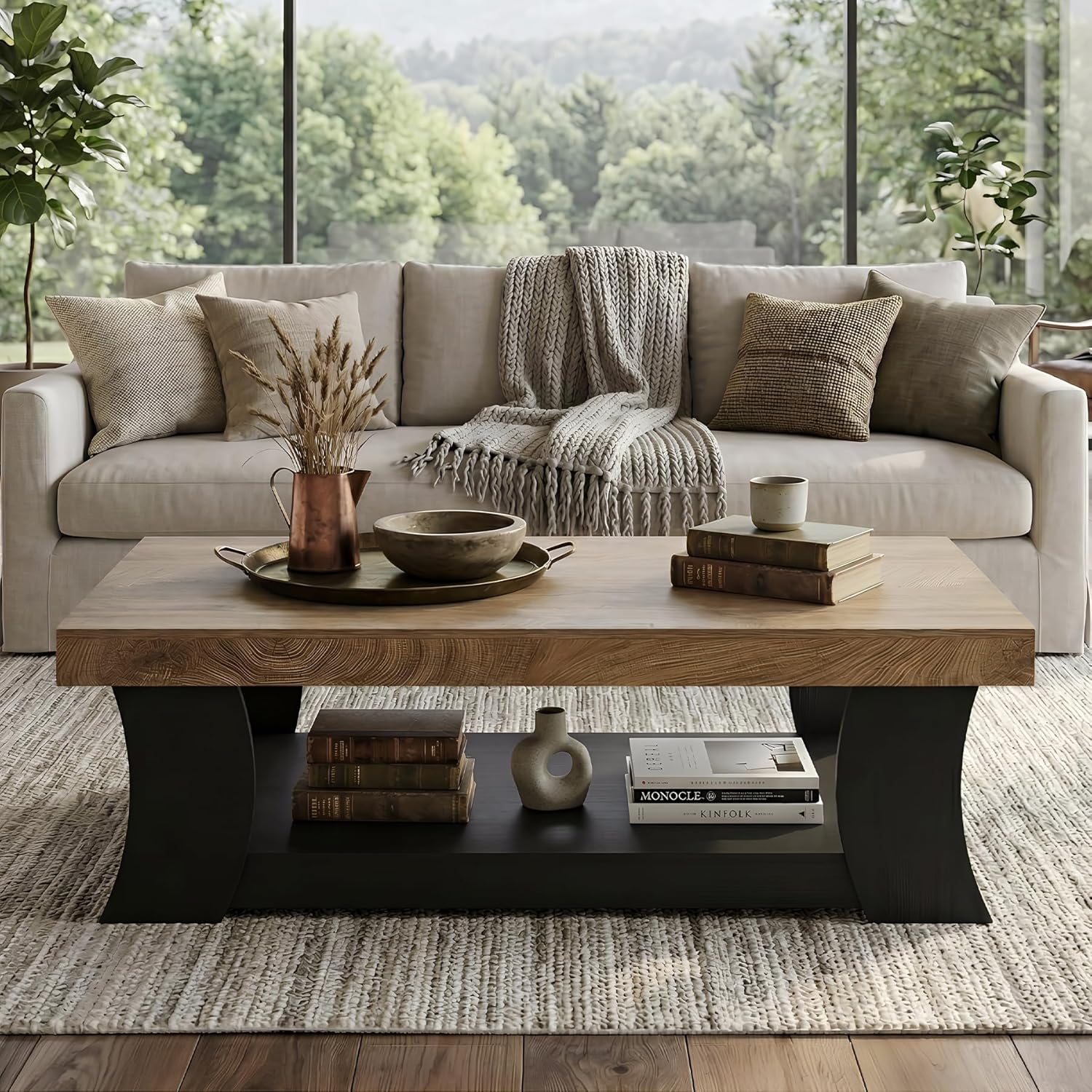 LITTLE TREE 55" Coffee Table, Living Room Table with Storage Shelf, Wooden Coffee Table, Modern Farmhouse Rectangle Center Table for Living Room, Bedroom, Office, Rustic Brown+Black