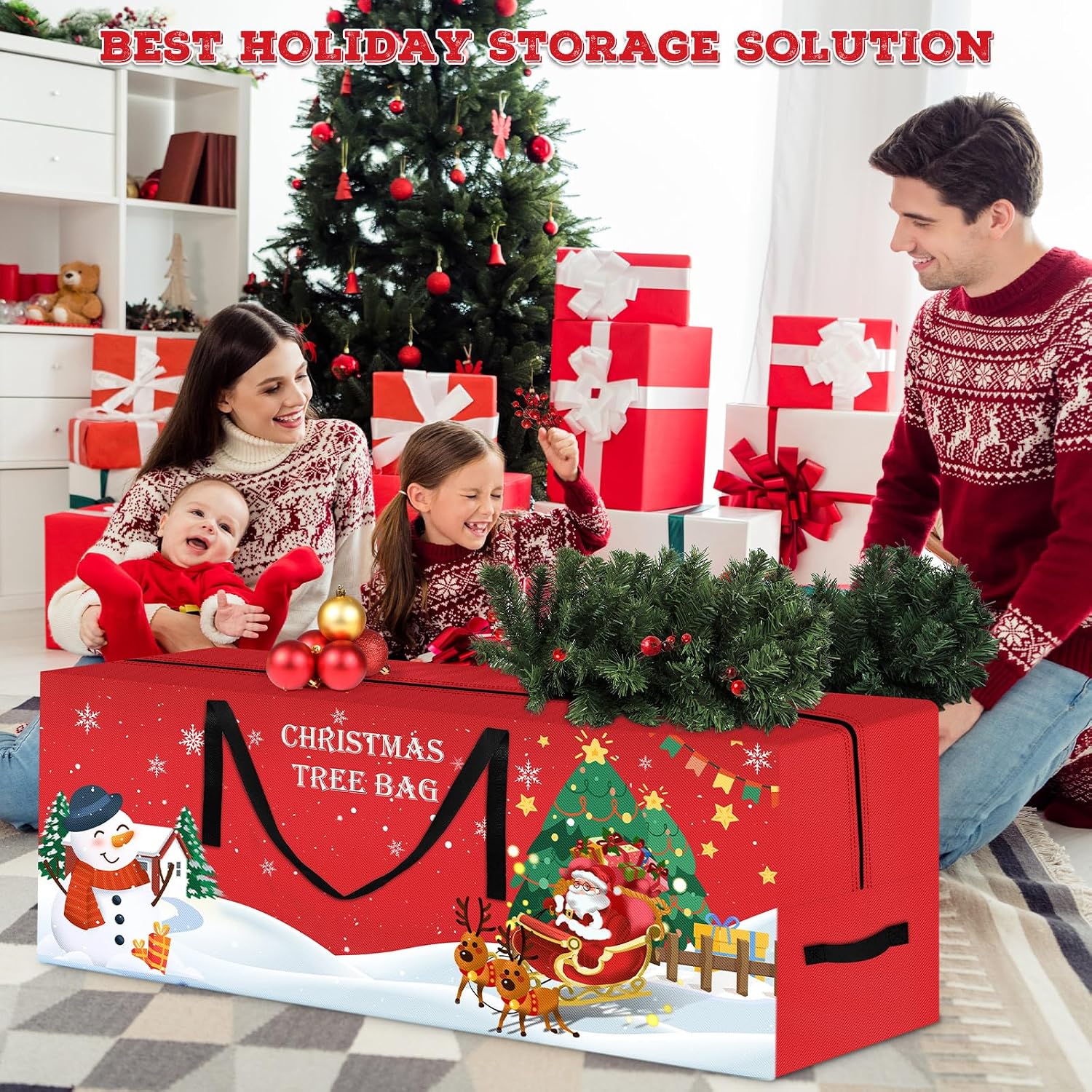 Christmas Tree Storage Bag 7.5 Ft Large Christmas Tree Bag with Reinforced Handles & Dual Zippers Wide Opening, Heavy Duty Oxford Fabric Xmas Ornament Storage Box Protects From Moisture, Dust (Red)