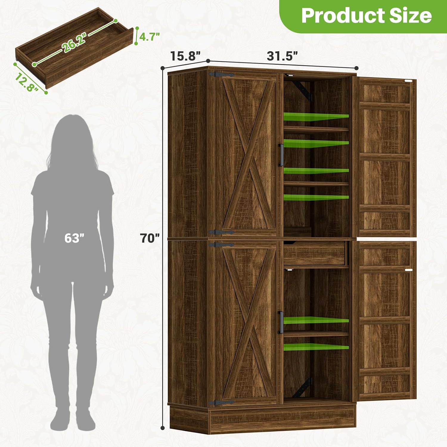 Unikito 71" Tall Kitchen Pantry Storage Cabinet with Built-in Drawer | 31.5" Wide Wood Farmhouse Storage Cabinet with Barn Doors and 3 Shelves, for Home Kitchen,Dining/Living/Laundry/Room