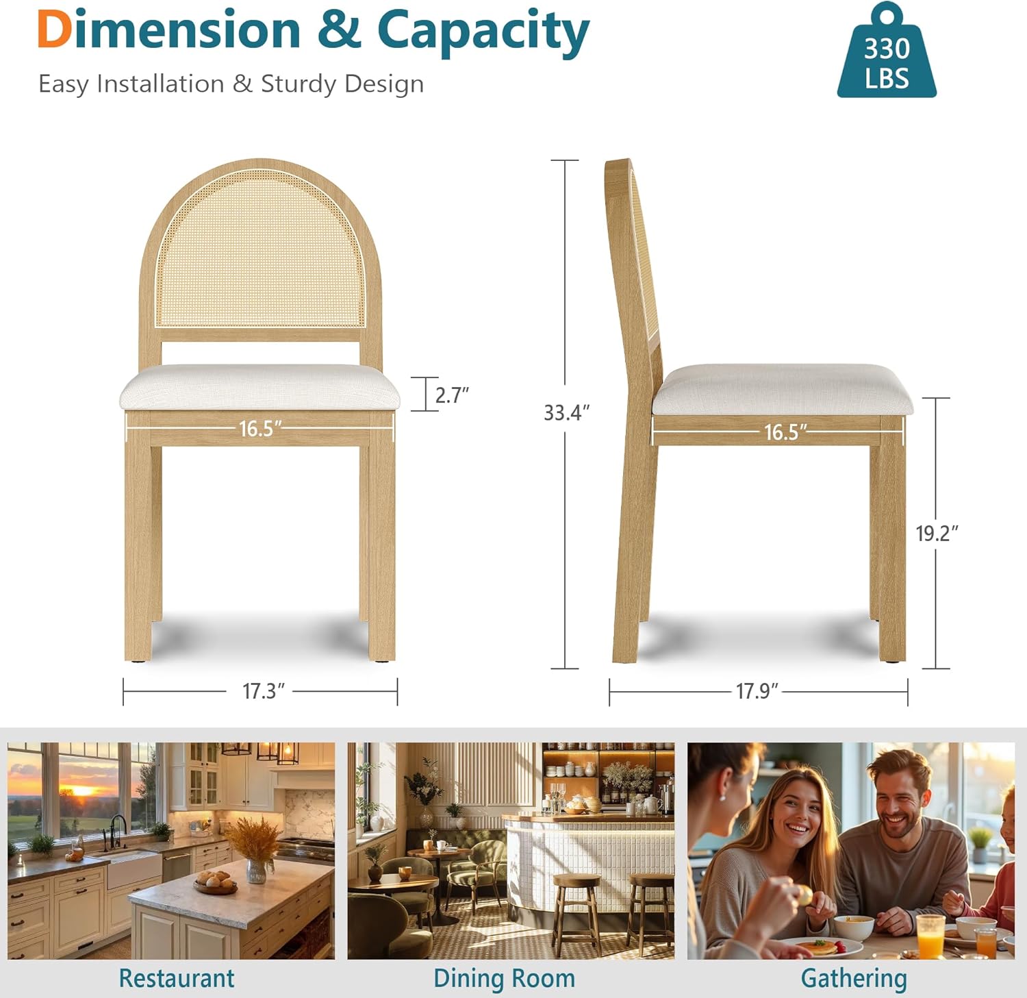 STHOUYN Upholstered Rattan Dining Chairs Set of 4, Farmhouse Solid Wood Dining Room Chair with Natural Rattan Woven Back and Chenille Seat, Mid-Century Modern Wooden Kitchen Chairs (4, Cream White)
