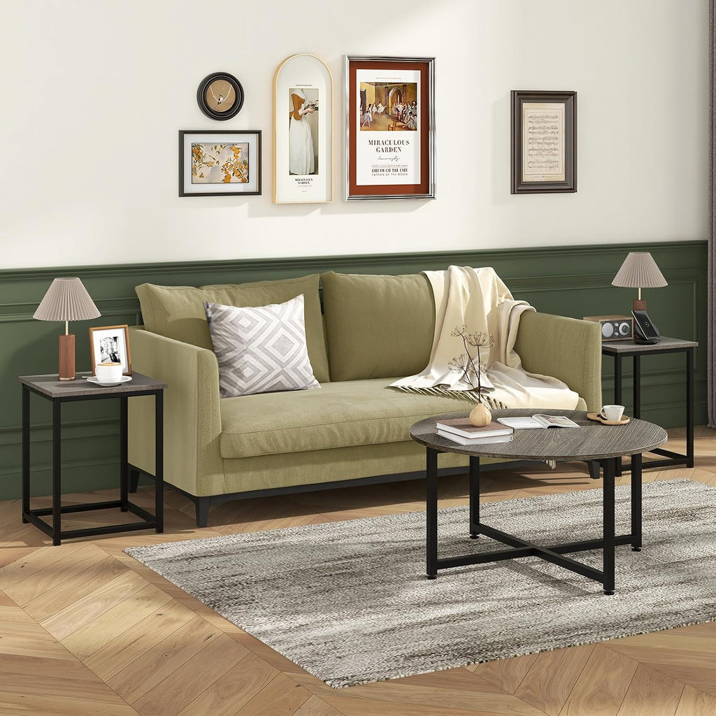 Giantex Round Nesting Table Set of 3, Farmhouse Coffee Table w/2 End Tables, Sturdy Metal Frame, 3-Piece Wooden Living Room Table Set for Home Office, Apartment (Black Oak)