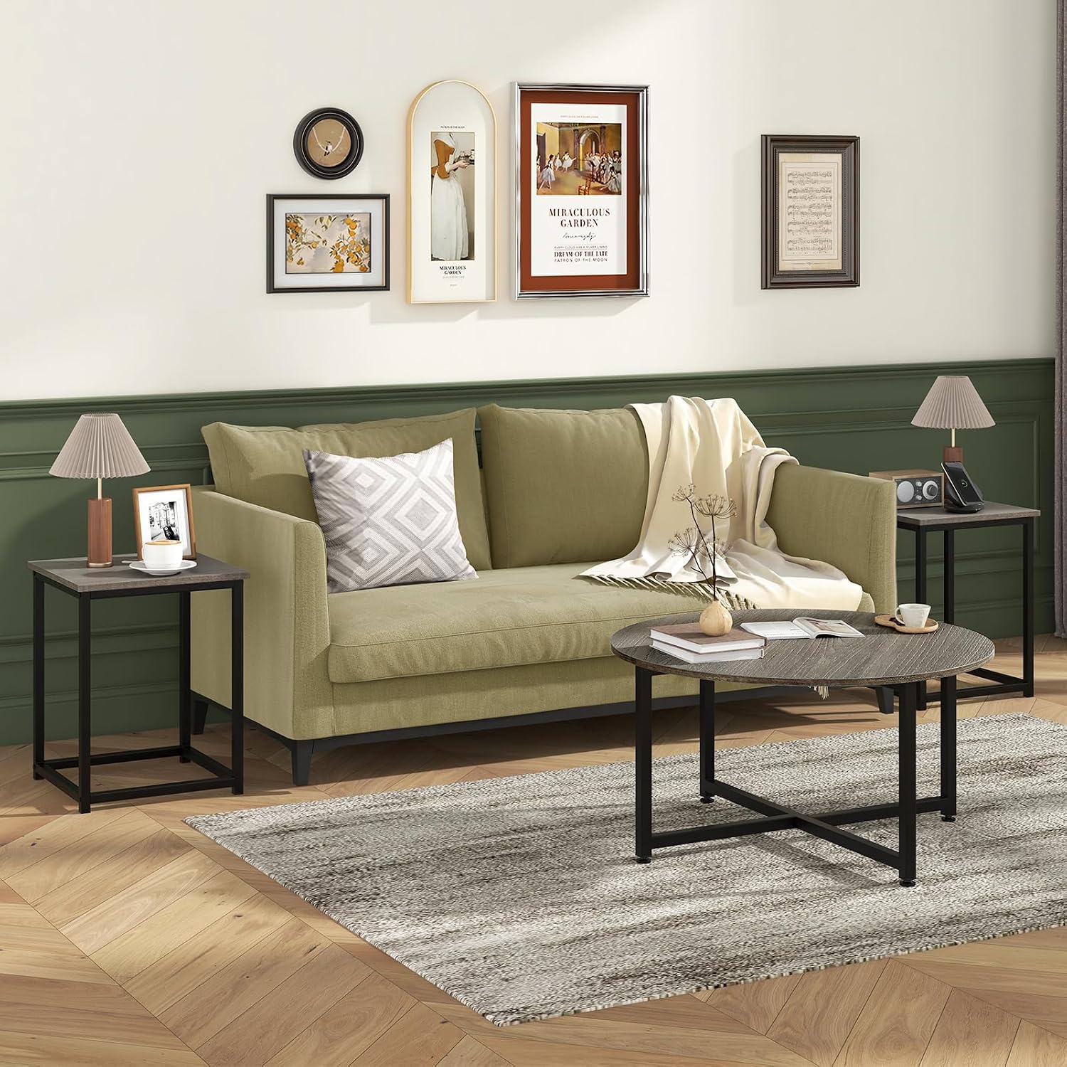 Giantex Round Nesting Table Set of 3, Farmhouse Coffee Table w/2 End Tables, Sturdy Metal Frame, 3-Piece Wooden Living Room Table Set for Home Office, Apartment (Black Oak)