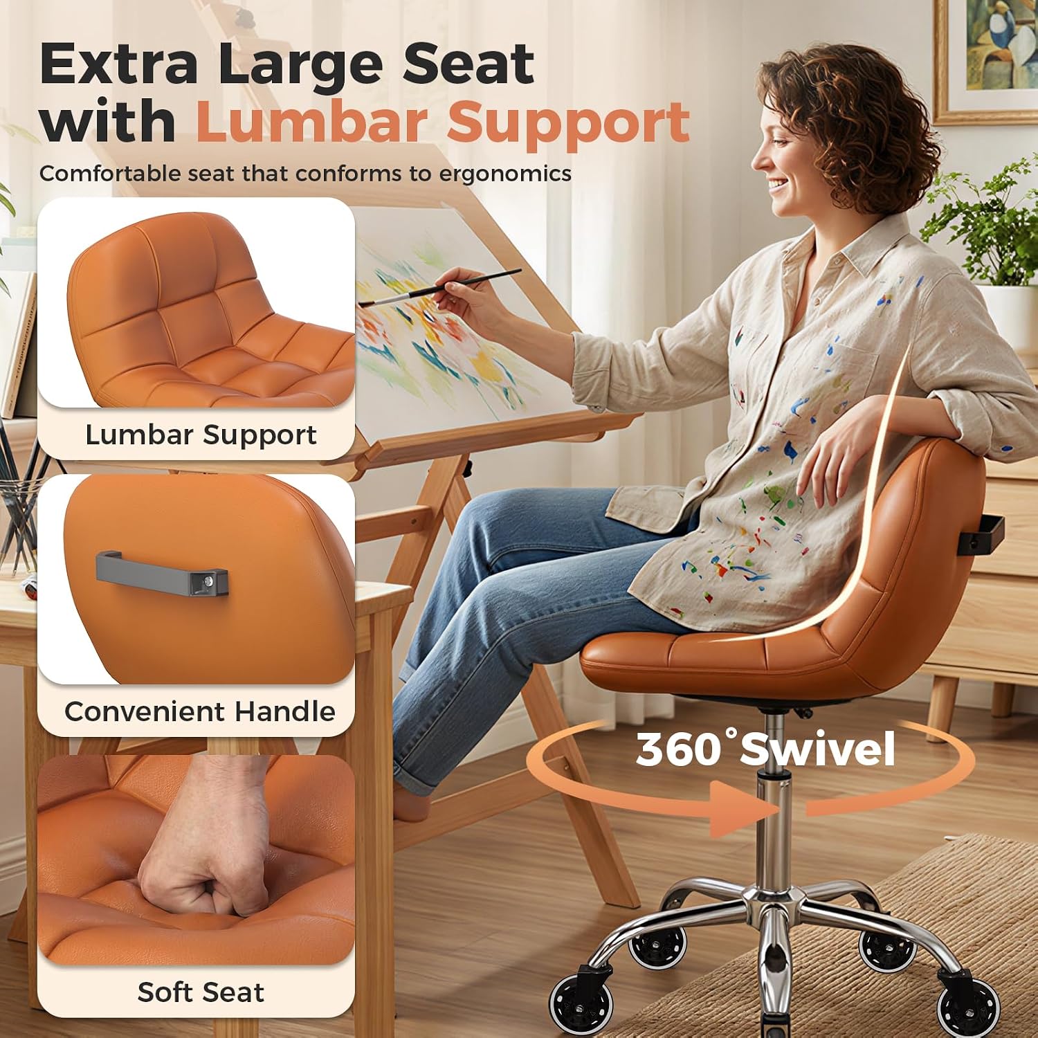Rolling Stool Chair with Wheels, Height Adjustable Stool with Back Support, Office Drafting Chair with PU Leather Cushion for Home Office Kitchen Vanity Salon Garage Tattoo Dentist Esthetician(Camel)