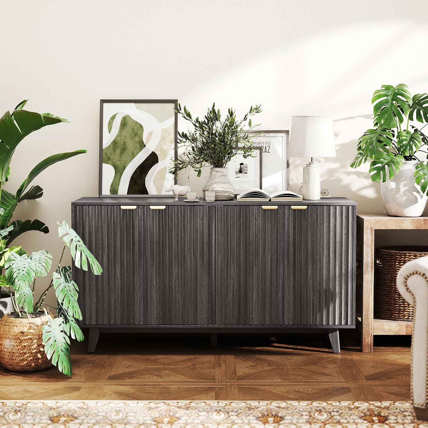 HOMCOM Sideboard Buffet Cabinet with Storage, 55" Fluted Modern Buffet Table Coffee Bar Console Cabinet with 2 Adjustable Shelves, 4 Doors for Dining Room, Living Room, Hallway, Dark Gray