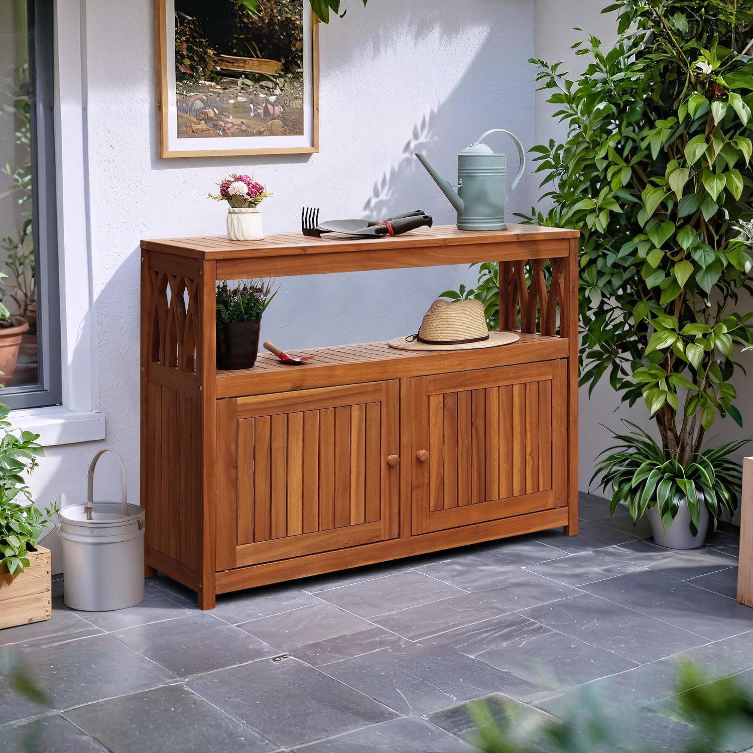 Flamaker Outdoor Storage Cabinet Weatherproof Acacia Wood Outdoor Cabinet with 2 Magnetic Doors Used for Outdoor Storage, Buffet Cabinet, TV Stand, Bar Table, Potting Table (Brown)