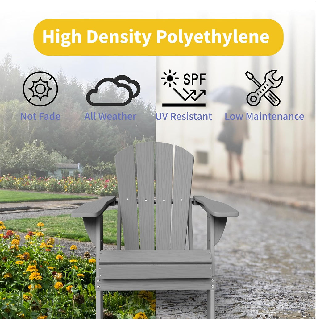 Kingdura Foldable Adirondack Chairs Set of 4, Portable HDPE All Weather Resistant Outdoor Patio Chair, Wooden Textured with Cup Holder, 380LBS Capacity for Poolside, Backyard, Deck, Fire Pit (Grey)