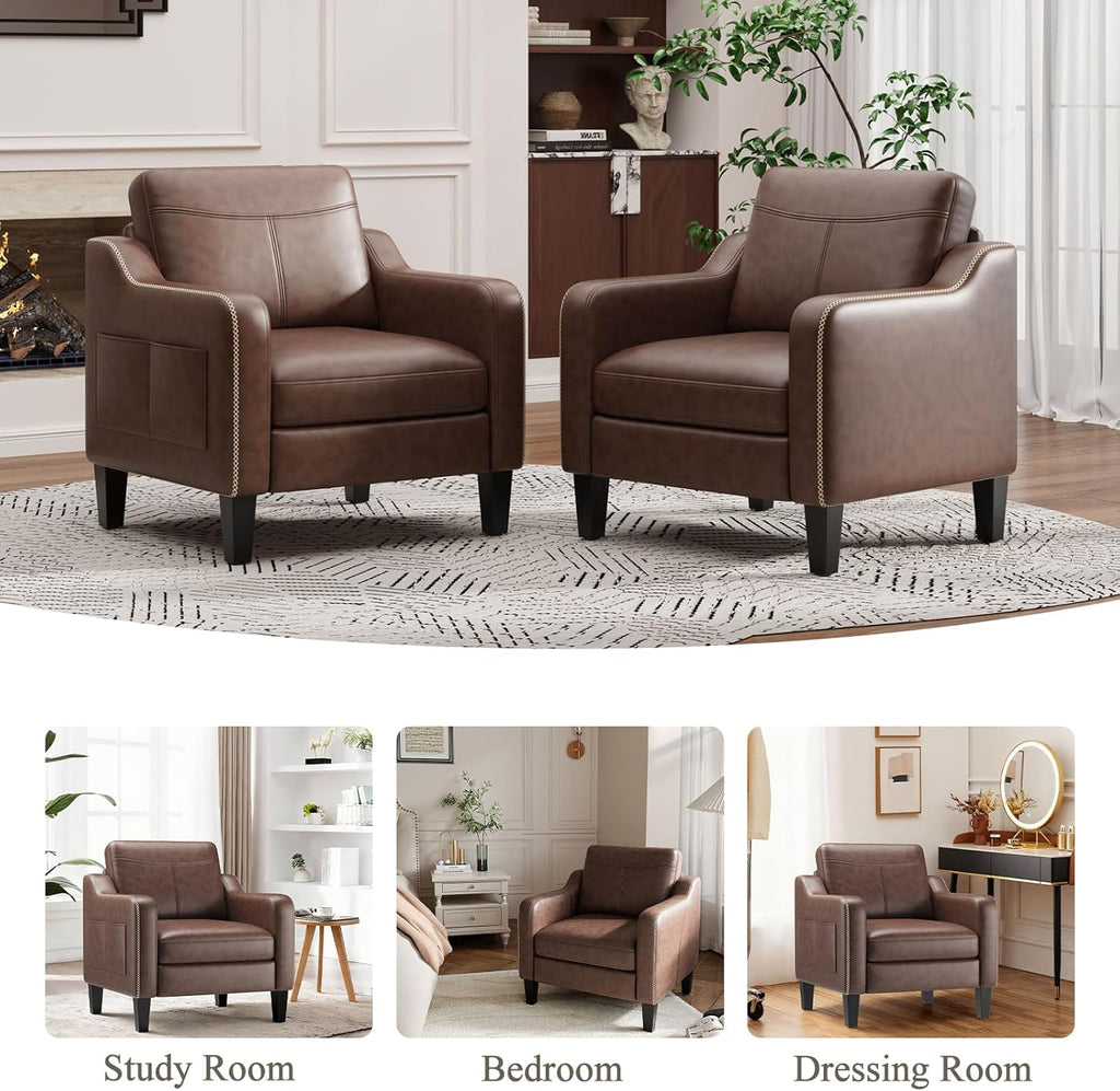 MALOL PU Leather Accent Chair Set of 2, Mid-Century Modern Living Room Armchair Sofa with Removable Cushions & Stitched Armrest Design, Bedroom Chair with Plastic Legs, Chocolate Brown
