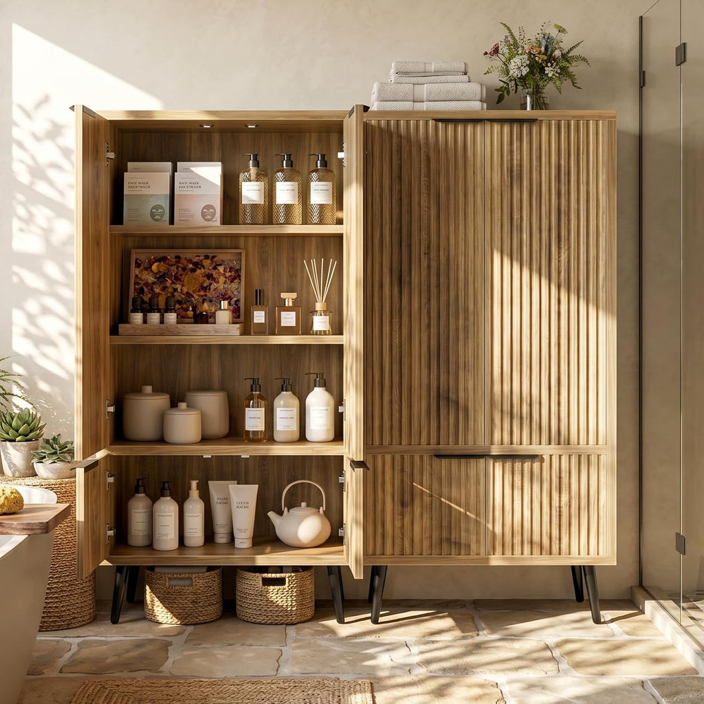 Pantry Cabinet with 4 Doors, 51.2" H Freestanding Bathroom Storage Cabinet, Adjustable Shelf & Raised Legs for Bathroom, Kitchen, Living Room, Yellow Oak