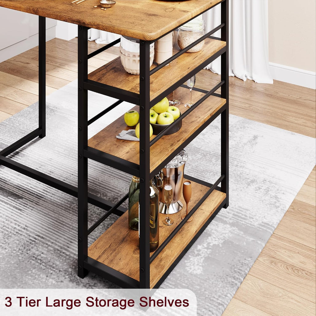 Bar Table and Chair Set with Three Shelves Small 2-Person Dining Table with 2 Upholstered Stools with Backrests Suitable for Restaurants and Bistros -Vintage Color