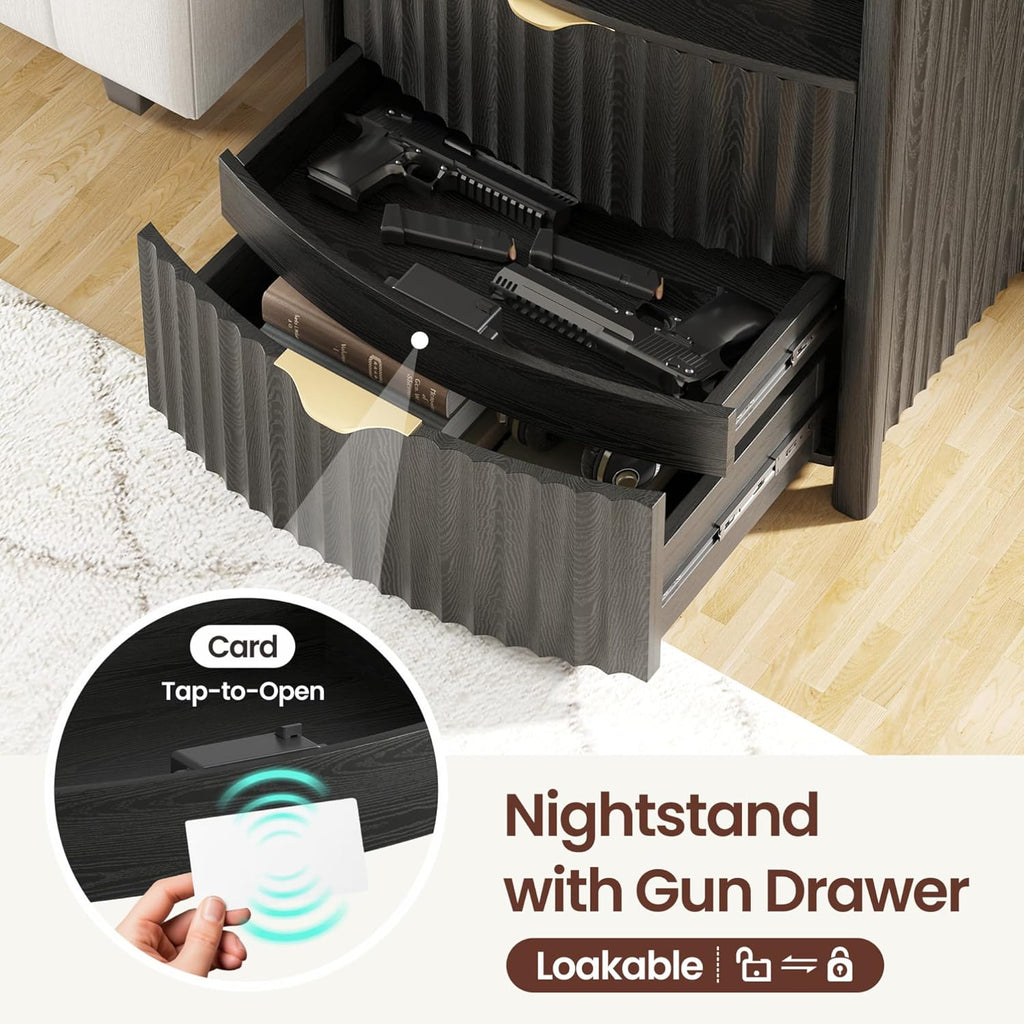 Dystler Fluted Night Stand with Gun Drawer & Card-Lock, 19.7" W Curved Nightstand with Charging Station and LED Lights, 2 Drawers Smart Bedside Table for Bedroom (1, Black)