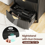 Dystler Fluted Night Stand with Gun Drawer & Card-Lock, 19.7" W Curved Nightstand with Charging Station and LED Lights, 2 Drawers Smart Bedside Table for Bedroom (1, Black)