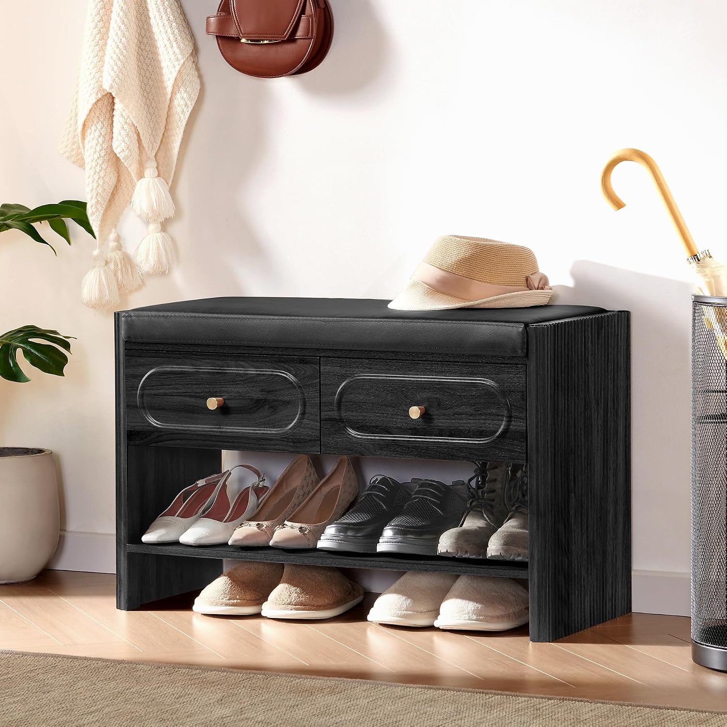 31.5" Shoe Bench, Shoe Storage Bench with Drawers, Waterproof Entryway Benches with Leather Cushion for Bedroom Black