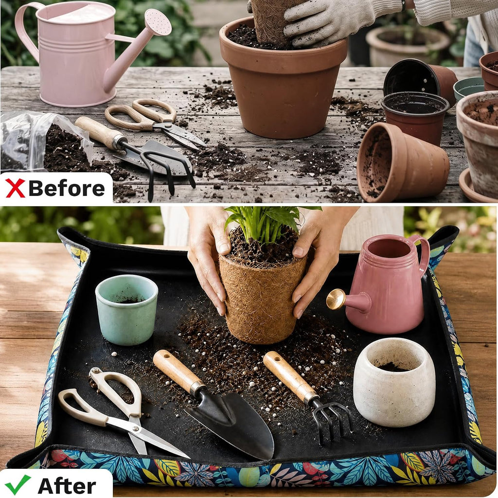 LIHAO Repotting Mat for Indoor Plants, 29.5 x 29.5 Inch Waterproof Oxford Potting Tray with Mess Control, Foldable Transplanting Tarp Gardening Gifts