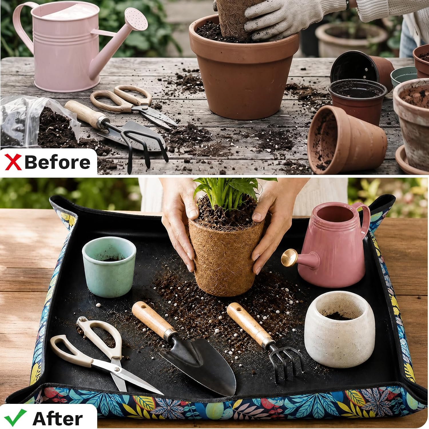 LIHAO Repotting Mat for Indoor Plants, 29.5 x 29.5 Inch Waterproof Oxford Potting Tray with Mess Control, Foldable Transplanting Tarp Gardening Gifts