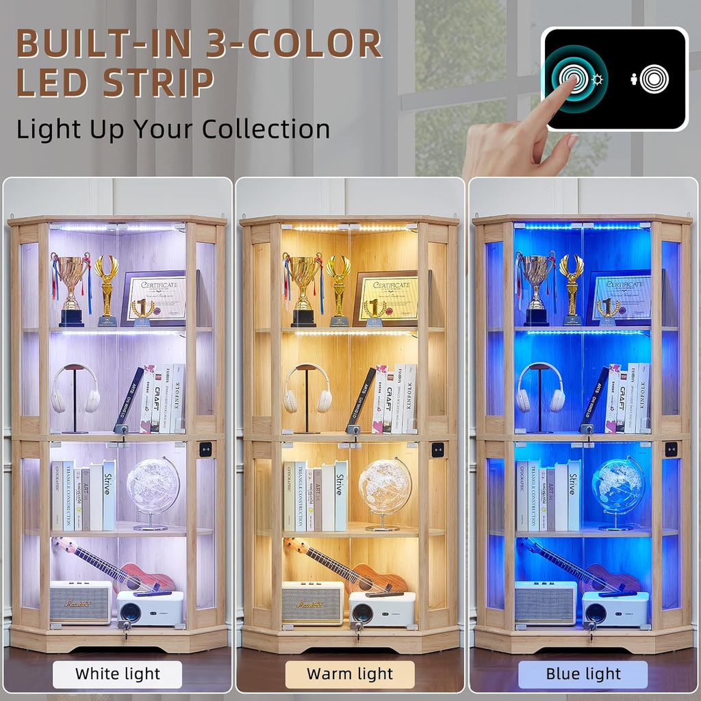 LELELINKY Farmhouse Corner Display Cabinet with Glass Doors, Corner Curio Cabinet with 3-Color LED Motion-Sensor Light, Reinforced Base, Natural
