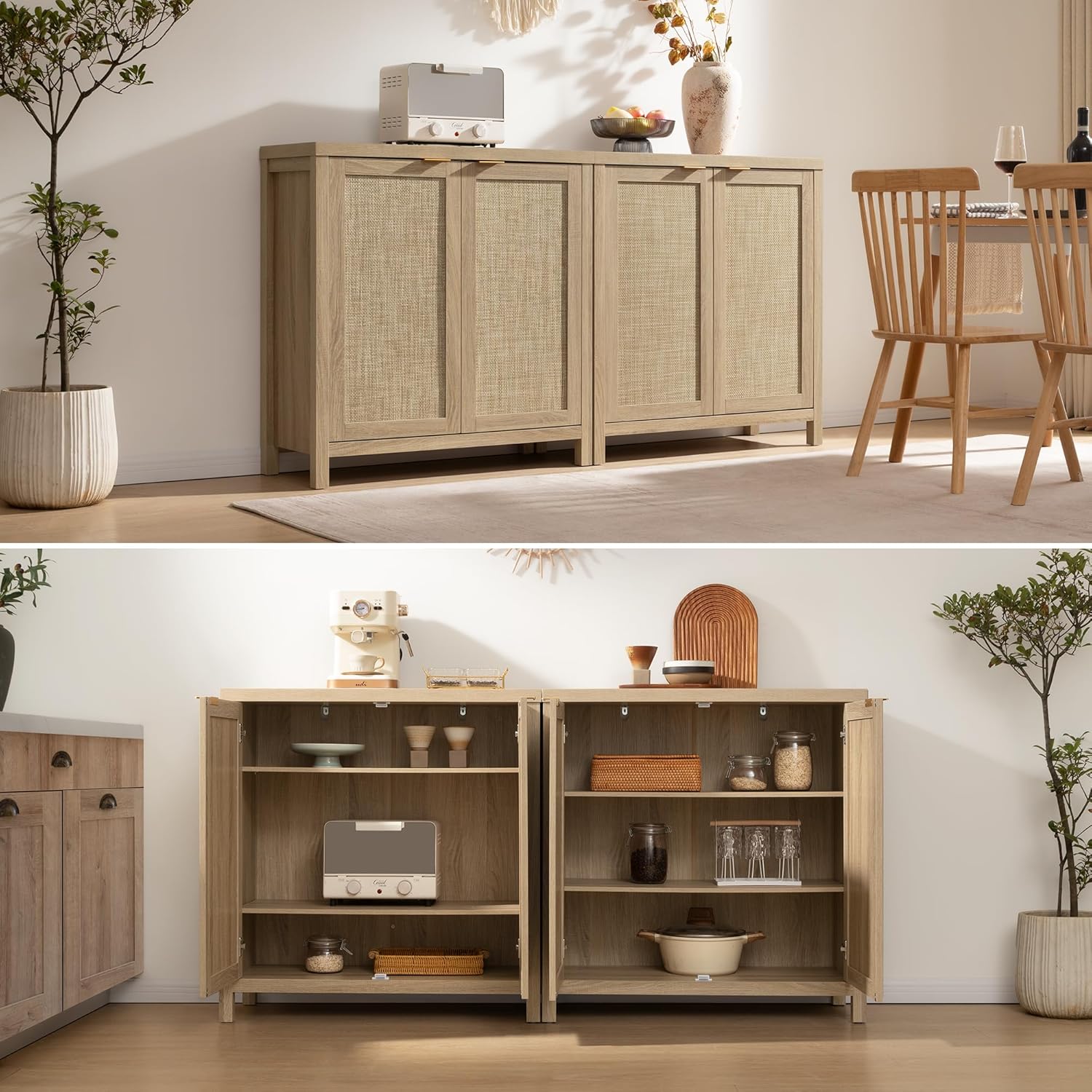 SICOTAS Rattan Sideboard Buffet Cabinet with Large Storage - Boho Credenza Coffee Bar Cabinet with Adjustable Shelves, Buffet Console Table for Kitchen Living Room Hallway - Natural
