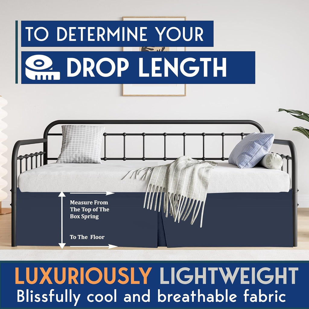 Pleated Daybed Skirt with Split Corners Twin Size - 14 Inch Tailored Drop Easy Fit - Pleated Daybed Dust Ruffle - 100% Microfiber Soft, Wrinkle-Free Daybed Bedskirt (Navy Blue, Twin-14 Drop)