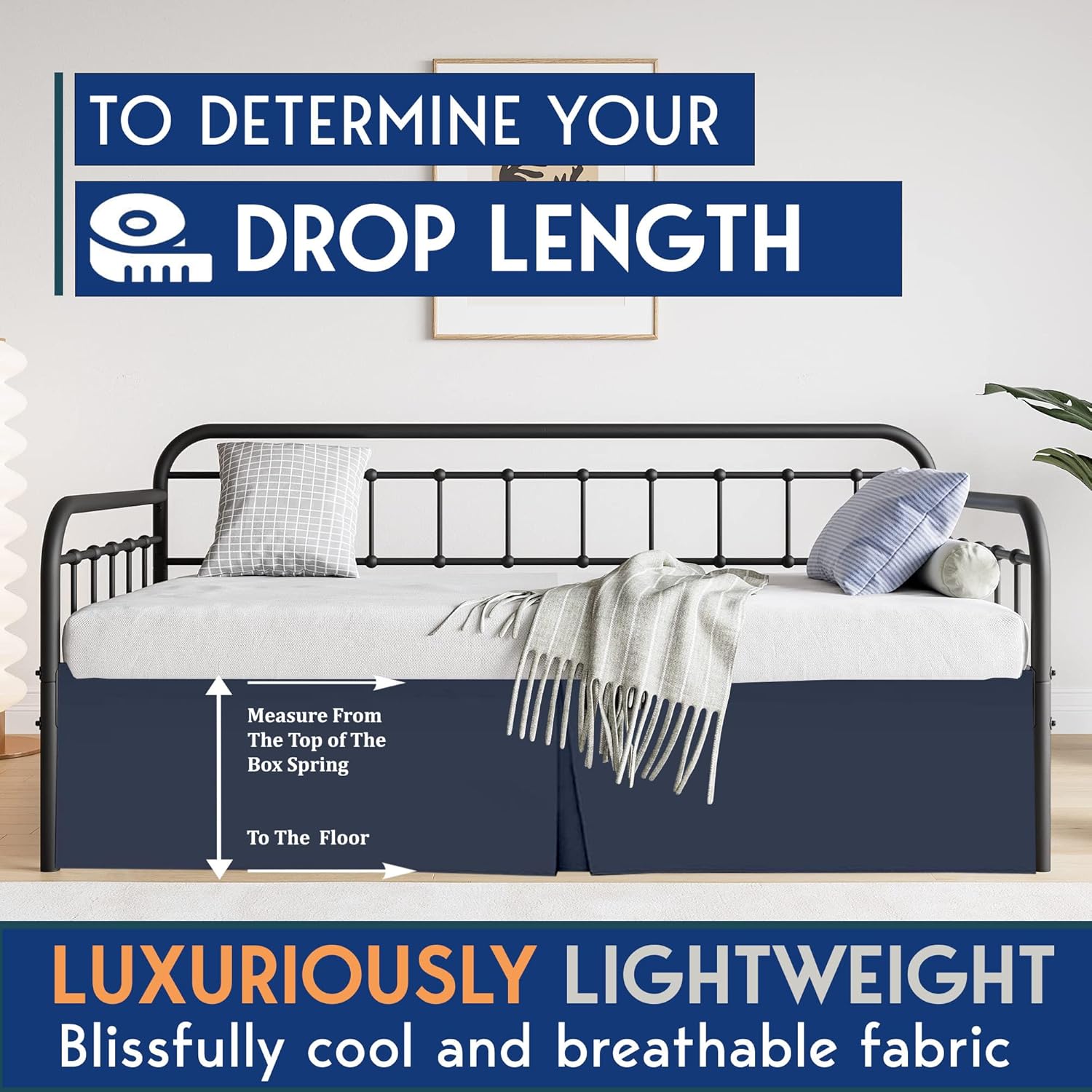 Pleated Daybed Skirt with Split Corners Twin Size - 14 Inch Tailored Drop Easy Fit - Pleated Daybed Dust Ruffle - 100% Microfiber Soft, Wrinkle-Free Daybed Bedskirt (Navy Blue, Twin-14 Drop)