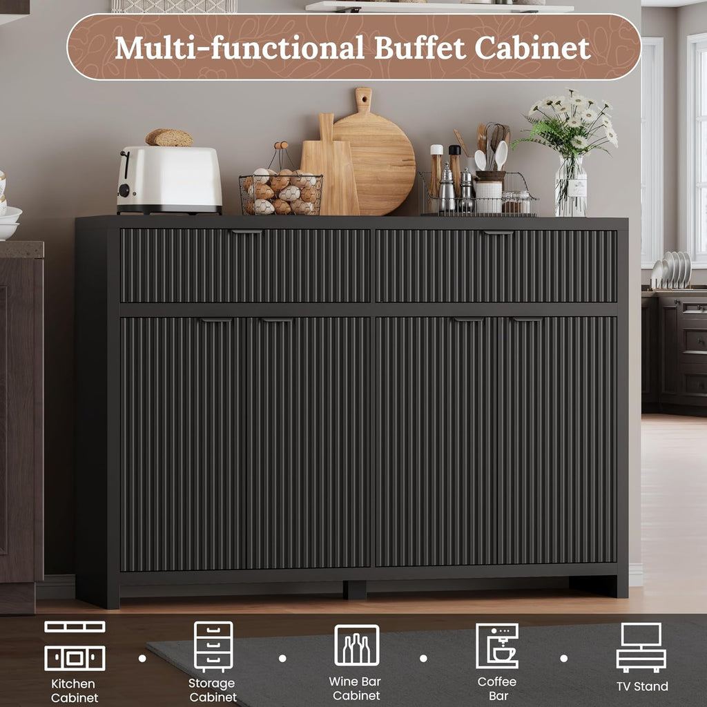 55" W Fluted Buffet Cabinet with Storage Accent Sideboard with 2 Drawers & 4 Doors,Wood Console Coffee Bar Table with Adjustable Shelves for Living Room,Kitchen and Dining Room