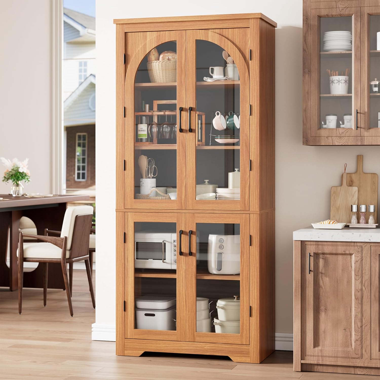 70" Kitchen Pantry Storage Cabinet - Modern Display Pantry Storage with 4 Arched Glass Doors and Adjustable Shelves, Versatile Cupboard Organizers for Kitchen, Dining Room, Living Room, Maple