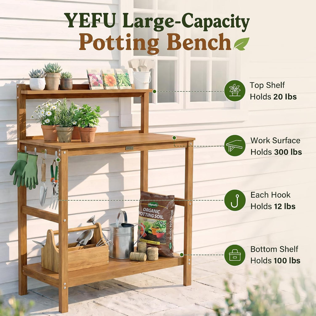 YEFU Outdoor Potting Bench with Storage: 3-Tier HIPS Potting Table with Wide-Panel Shelf/Hooks - All-Weather Heavy Duty Gardening Table for Patio Backyard Porch Easy to Clean 420lbs Capacity (Teak)