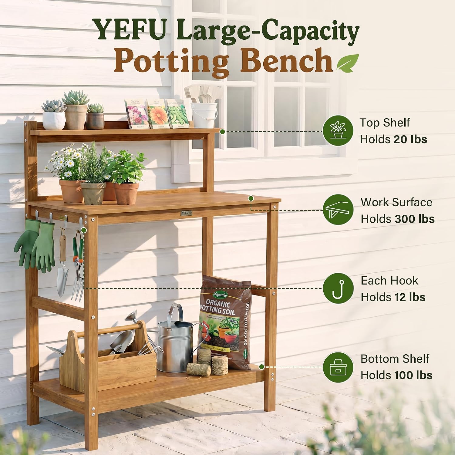 YEFU Outdoor Potting Bench with Storage: 3-Tier HIPS Potting Table with Wide-Panel Shelf/Hooks - All-Weather Heavy Duty Gardening Table for Patio Backyard Porch Easy to Clean 420lbs Capacity (Teak)