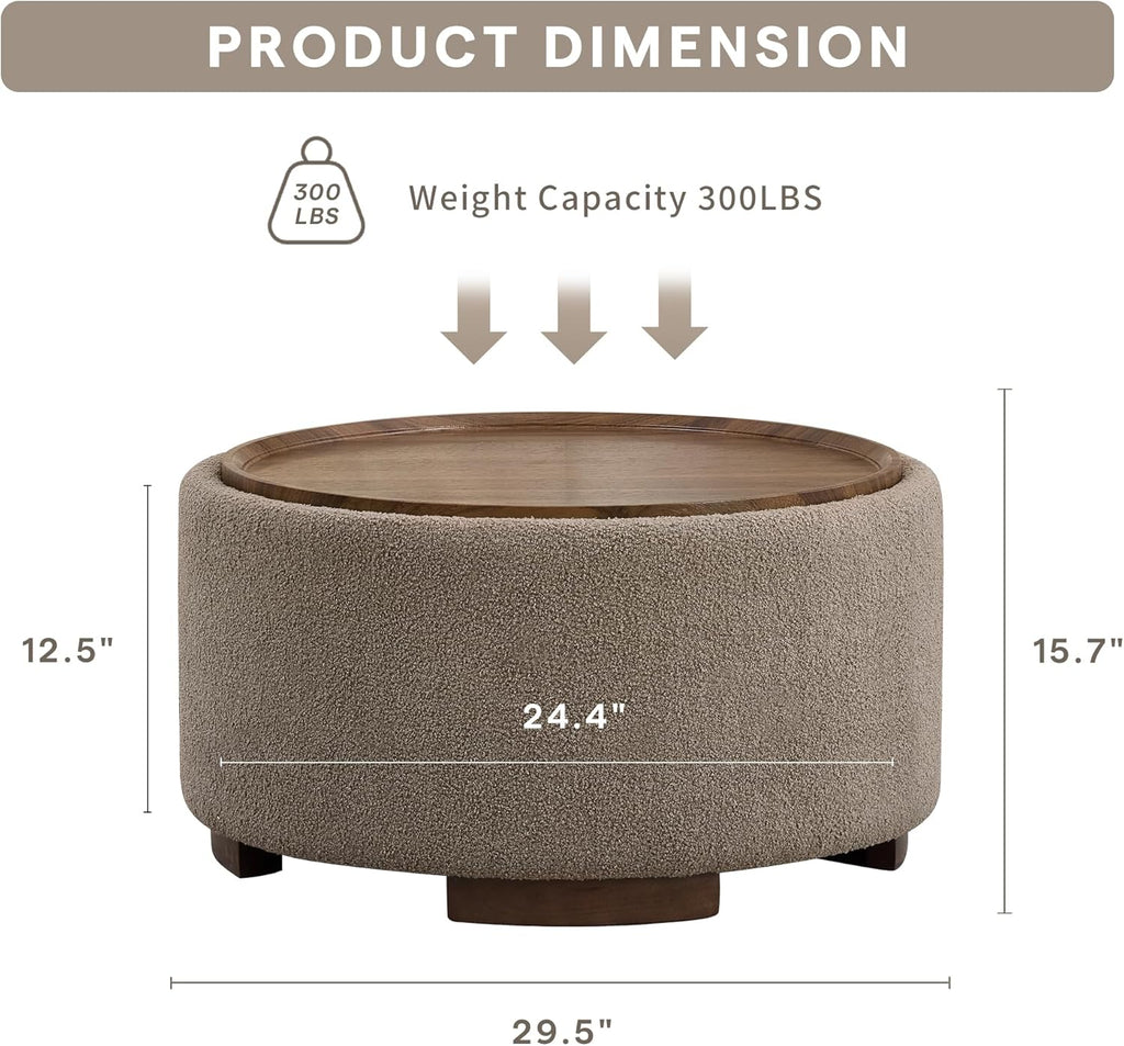 29.5 Inch Round Storage Ottoman Coffee Table,Modern Circle Coffee Table with Storage with Removable Lid Top and Solid Wood Legs,Large Round Ottoman for Bedroom,Living Room,Teddy Fleece,Brown