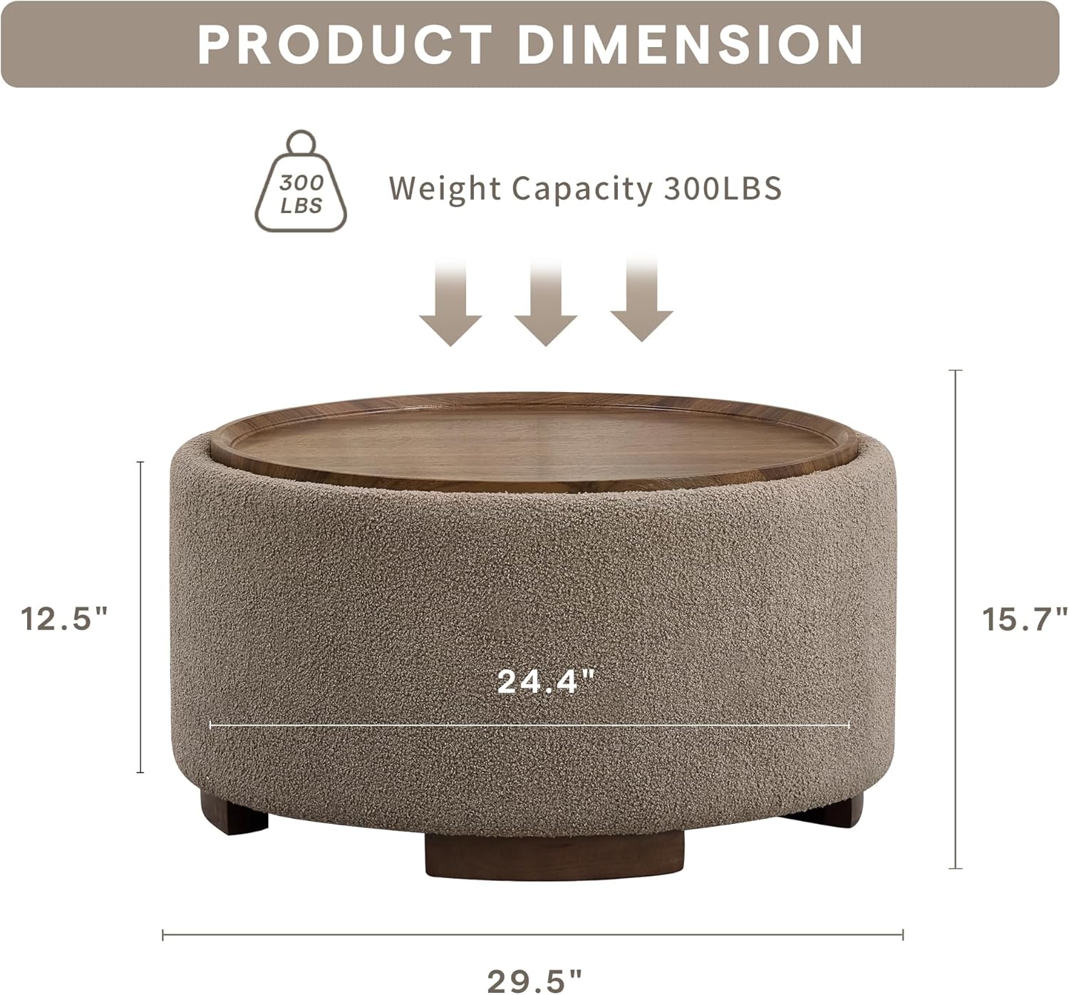 29.5 Inch Round Storage Ottoman Coffee Table,Modern Circle Coffee Table with Storage with Removable Lid Top and Solid Wood Legs,Large Round Ottoman for Bedroom,Living Room,Teddy Fleece,Brown