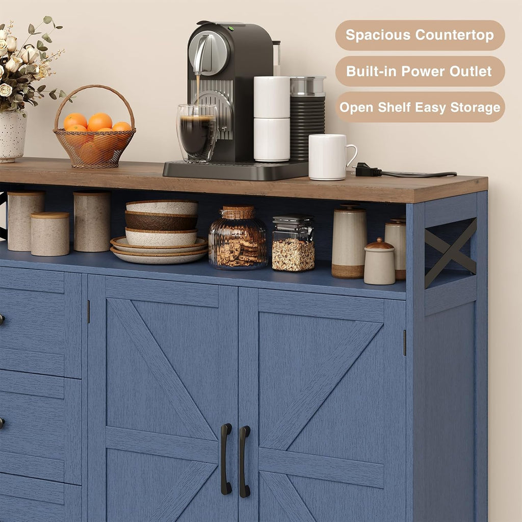 FiveWillowise 47" Blue Farmhouse Storage Cabinet with Barn Doors and Drawers, Sideboard Buffet Cabinet with Storage, Kitchen Pantry Hutch, Coffee Bar Station Table for Kitchen, Living, Dining Room