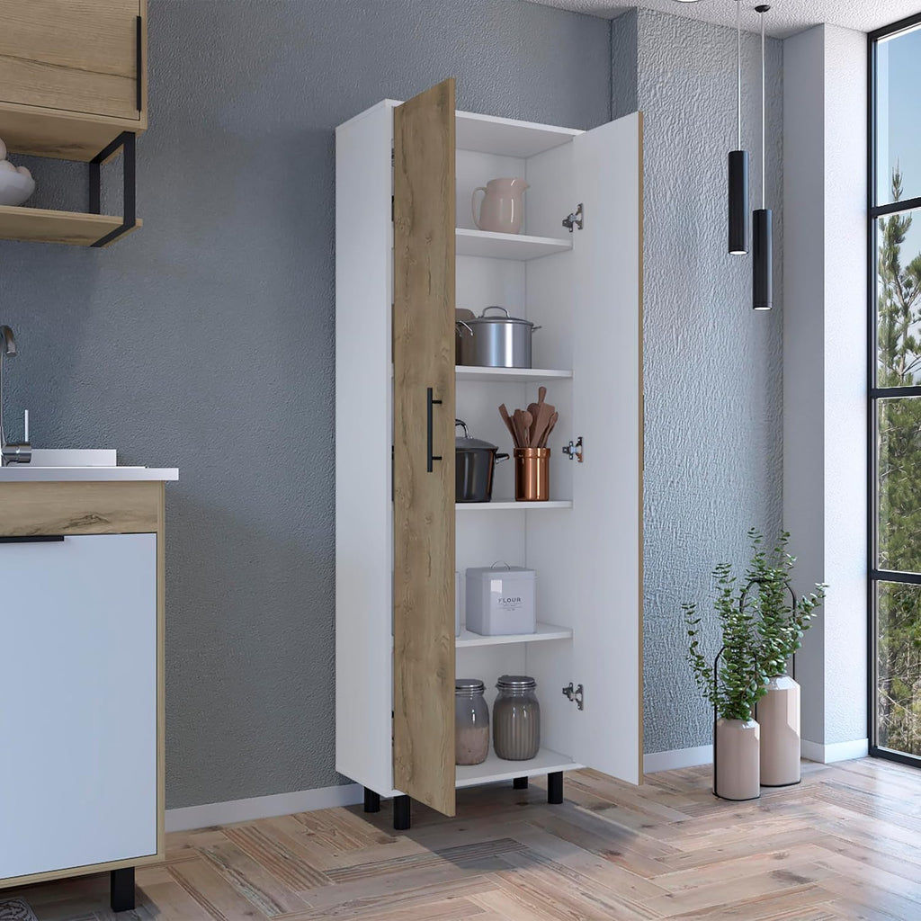 23.6" D*11.8" W*70.9" H White Corner Kitchen Pantry, 5 Adjustable Shelves & Metal Handles, Natural Wood Double Door, Freestanding Storage Cabinet, Modern, for Living Room, Dining Room