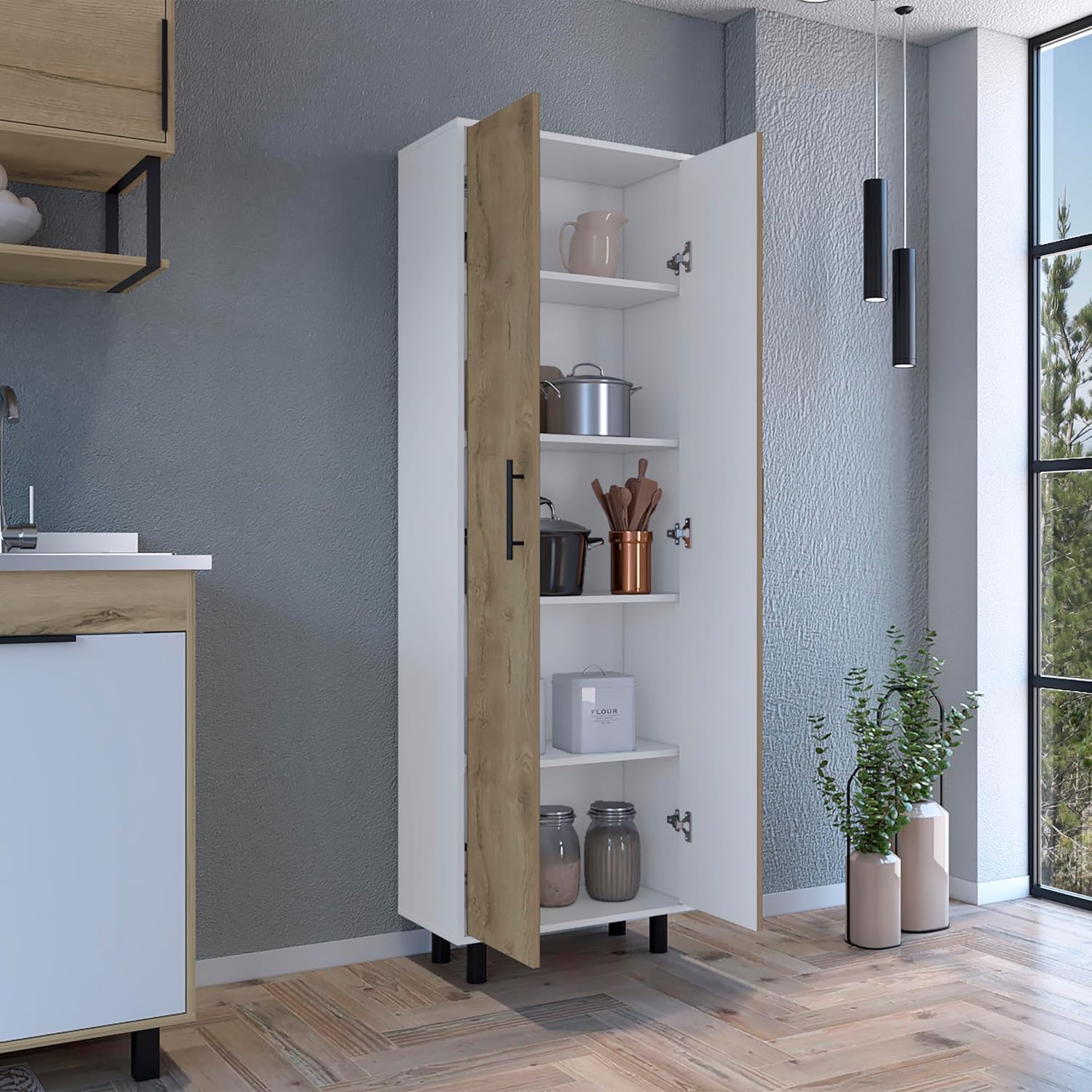 23.6" D*11.8" W*70.9" H White Corner Kitchen Pantry, 5 Adjustable Shelves & Metal Handles, Natural Wood Double Door, Freestanding Storage Cabinet, Modern, for Living Room, Dining Room