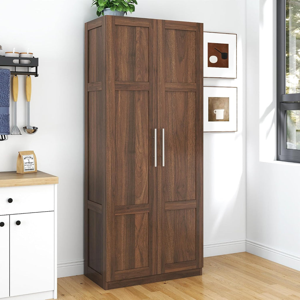 70.87'' Tall White Pantry Cabinet with 2 Doors 3 Adjustable Shelves Kitchen Storage Cupboard for Kitchen Dining Room Living Room, Walnut