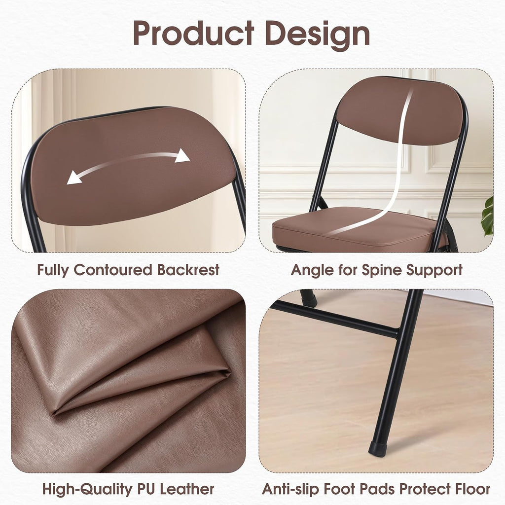 HOMEFUN Padded Folding Chairs Set of 4, Folding Chairs with Cushion and Durable Metal Frame，No Assemble Required for Party Kitchen Office Wedding Brown