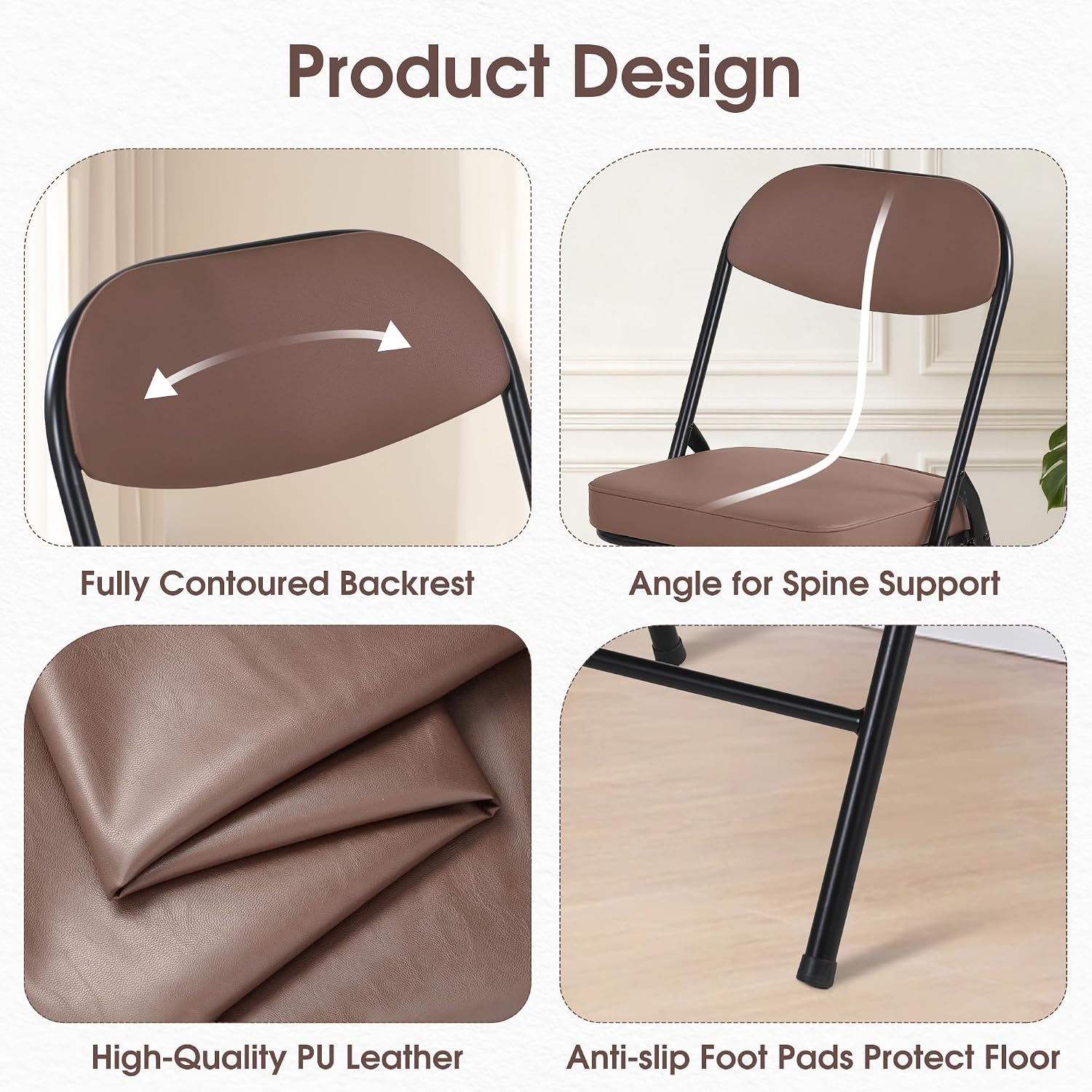 HOMEFUN Padded Folding Chairs Set of 4, Folding Chairs with Cushion and Durable Metal Frame，No Assemble Required for Party Kitchen Office Wedding Brown
