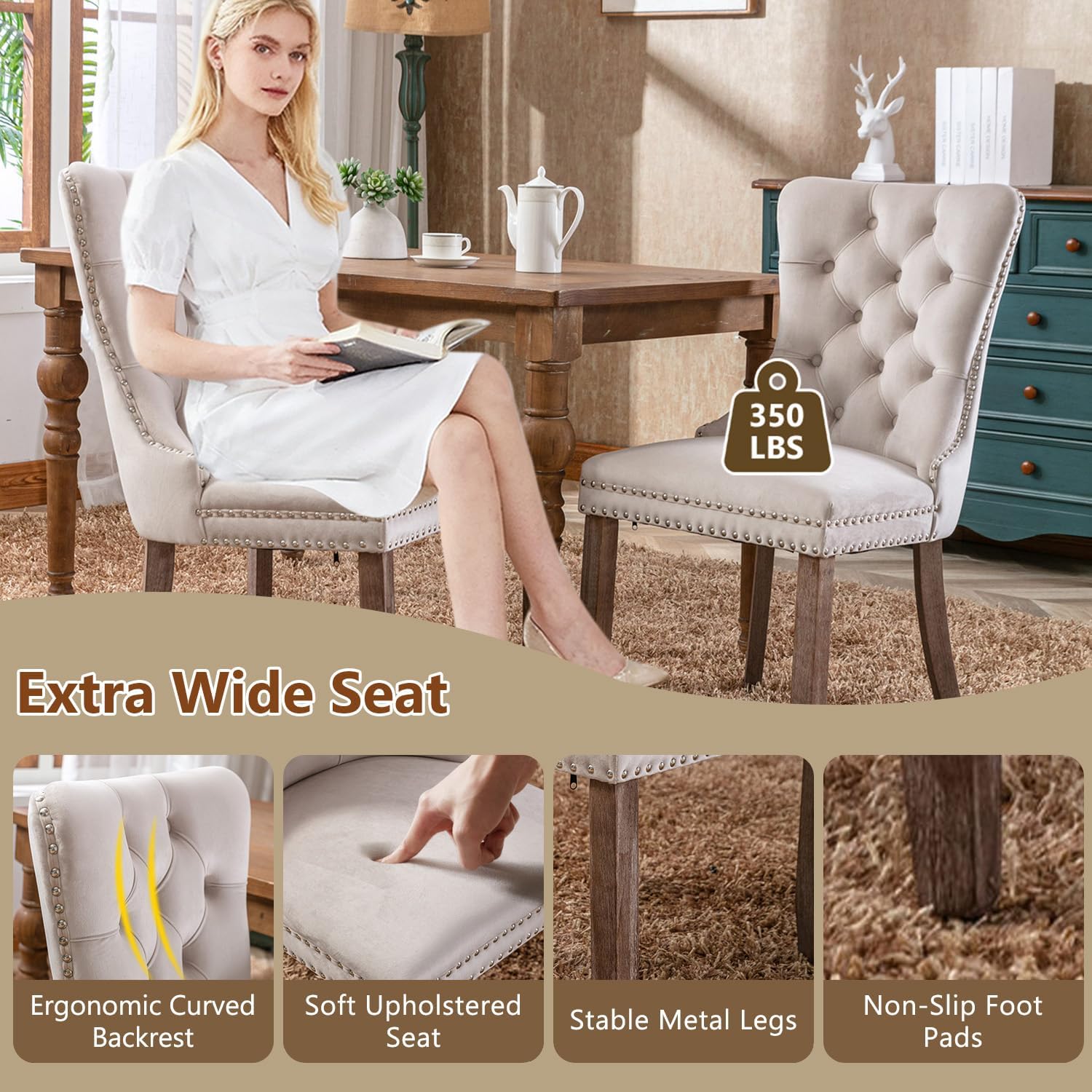 64.5" Dining Room Table Set for 6, Farmhouse Wood Kitchen Table with Decorative Pedestal Legs & 6 Tufted Velvet Chairs,Modern Luxury Dining Table Set for 6 for Dinner & Gatherings