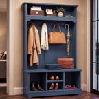 Hall Tree with Bench and Shoe Storage, 6-in-1 Freestanding Entryway Coat Rack with Adjustable Shelf, Multiple Hanging Hooks and 2-Tier Top Storage, Sturdy Wooden Entryway Organizer, Blue