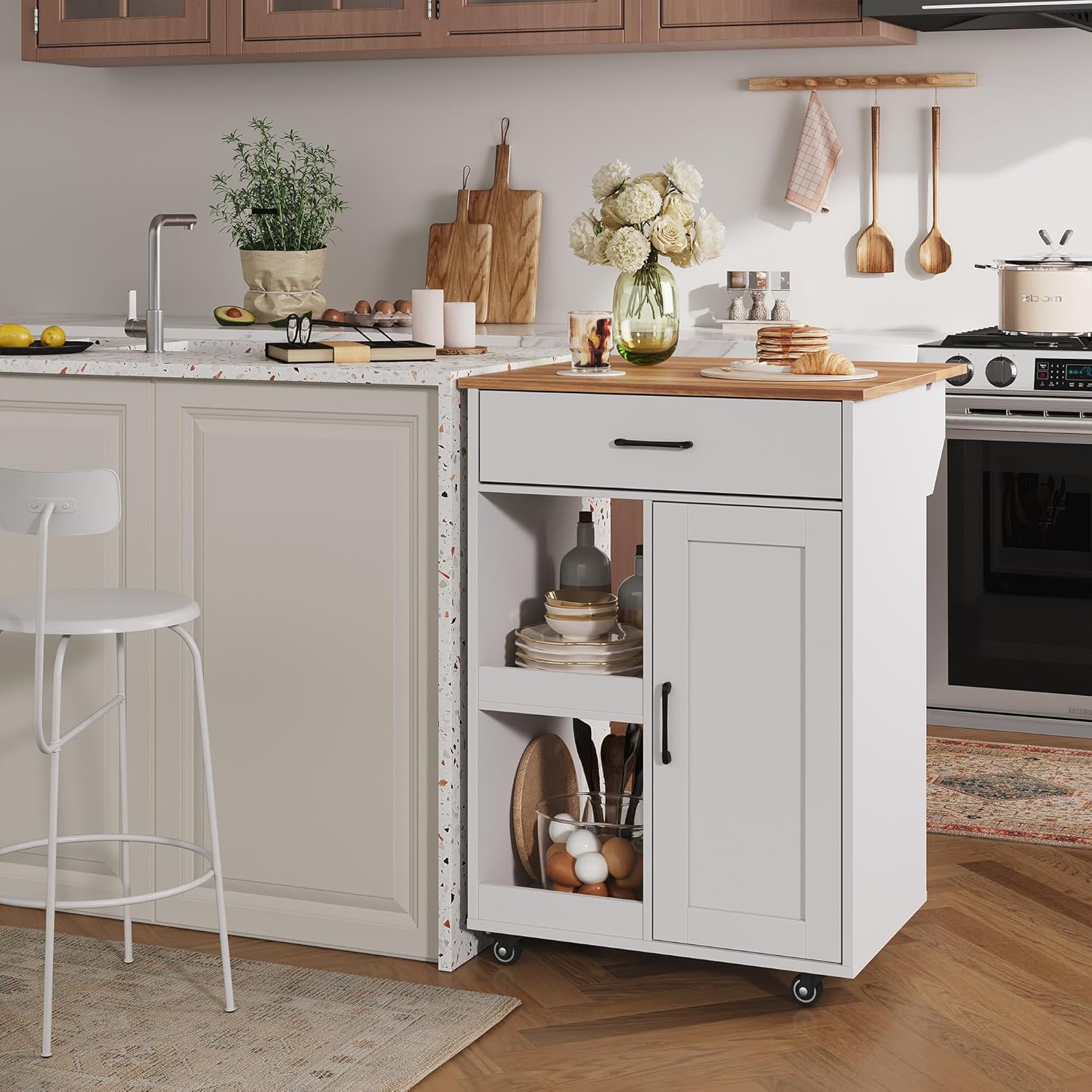 GarveeHome Kitchen Island on Wheels with Storage-Multifunctional Kitchen Island Cart with Drop Leaf, Rolling Island with Spice/Towel Rack,Expandable Island Table Kitchen,23.7" Width