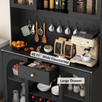 72" Tall Wine Bar Cabinet with LED Lights, Coffee Bar Cabinet with Storage Drawer & Hutch & Pegboard, Modern Liquor Cabinets with 9-grid Wine & Glass Racks,Pantry Cabinet for Kitchen,Living Room,Black