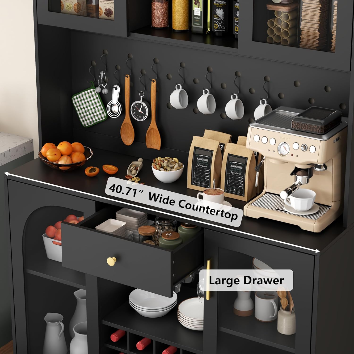 72" Tall Wine Bar Cabinet with LED Lights, Coffee Bar Cabinet with Storage Drawer & Hutch & Pegboard, Modern Liquor Cabinets with 9-grid Wine & Glass Racks,Pantry Cabinet for Kitchen,Living Room,Black