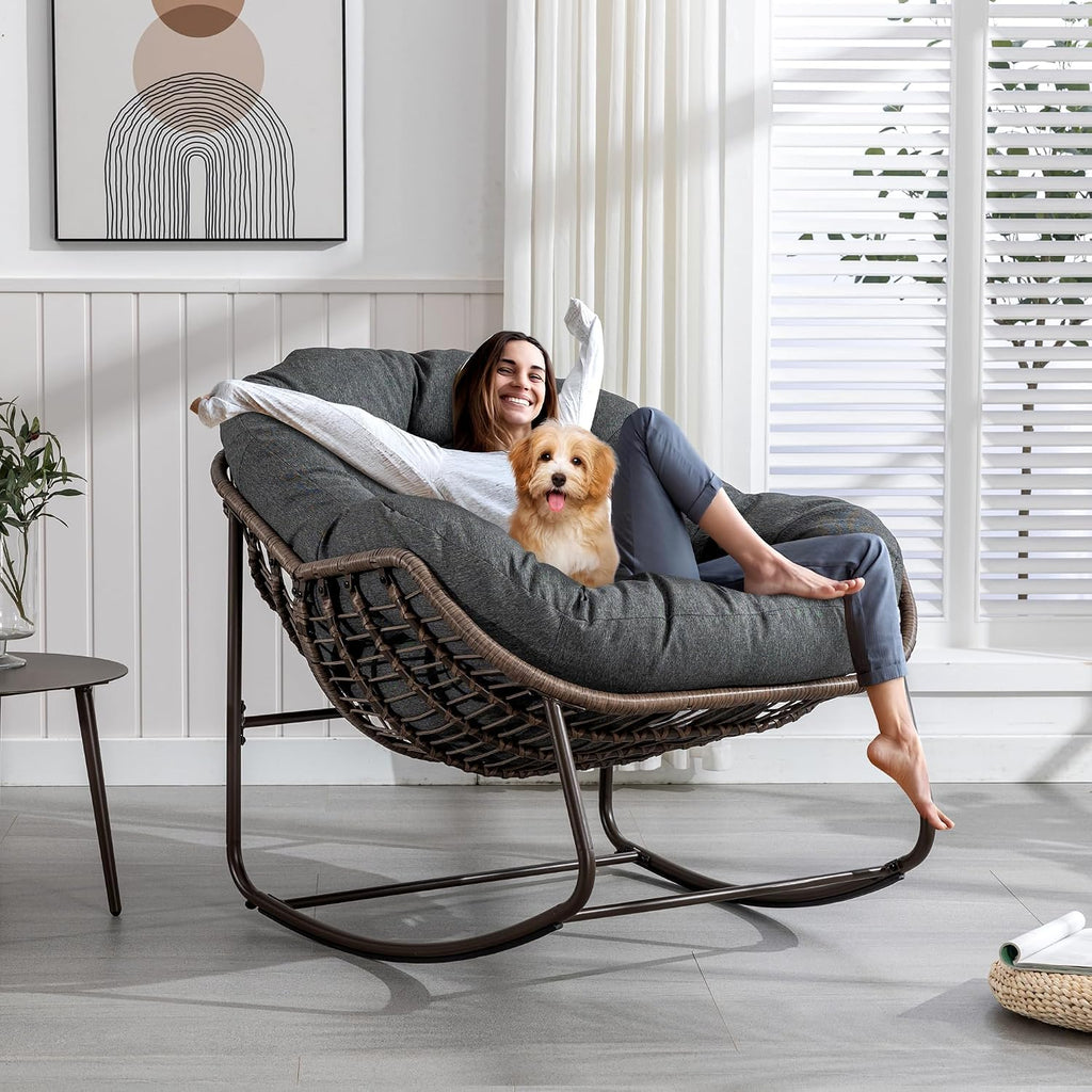 Outdoor Patio Rocking Chair, Oversized Papasan Chair with Cushion and Frame, Comfy Rattan Wicker Egg Chairs Indoor, Modern Lounge Rocker for Front Porch Living Room Bedroom (Dark Grey, Set of 1)