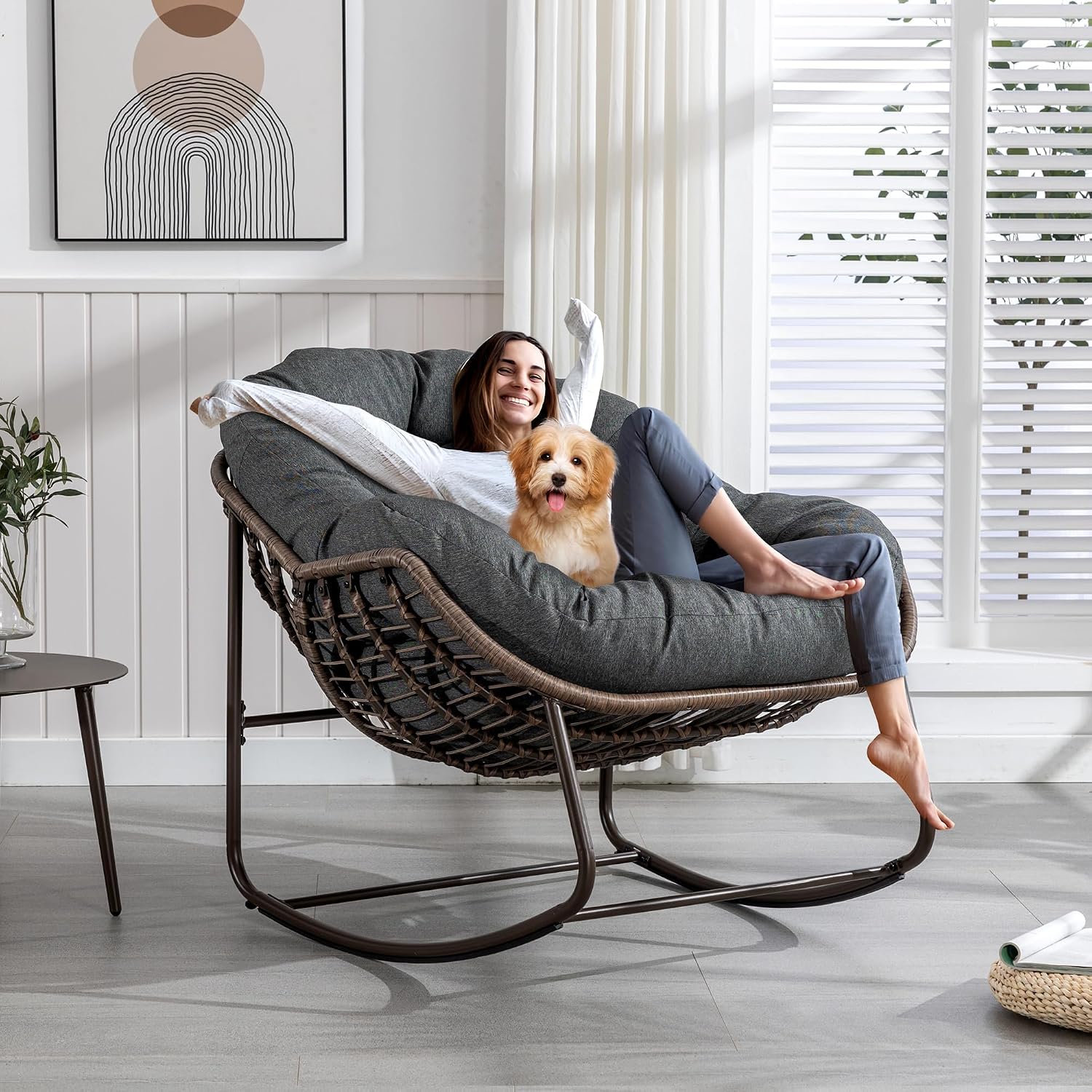 Outdoor Patio Rocking Chair, Oversized Papasan Chair with Cushion and Frame, Comfy Rattan Wicker Egg Chairs Indoor, Modern Lounge Rocker for Front Porch Living Room Bedroom (Dark Grey, Set of 1)