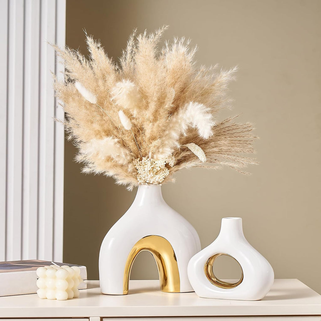 Modern Ceramic Donut Vase: Set of 2 -Minimalist Nordic White and Gold Hollow Vase Home Decor for Kitchen Dining Table Centerpieces Living Room Bederoom Entryway Wedding