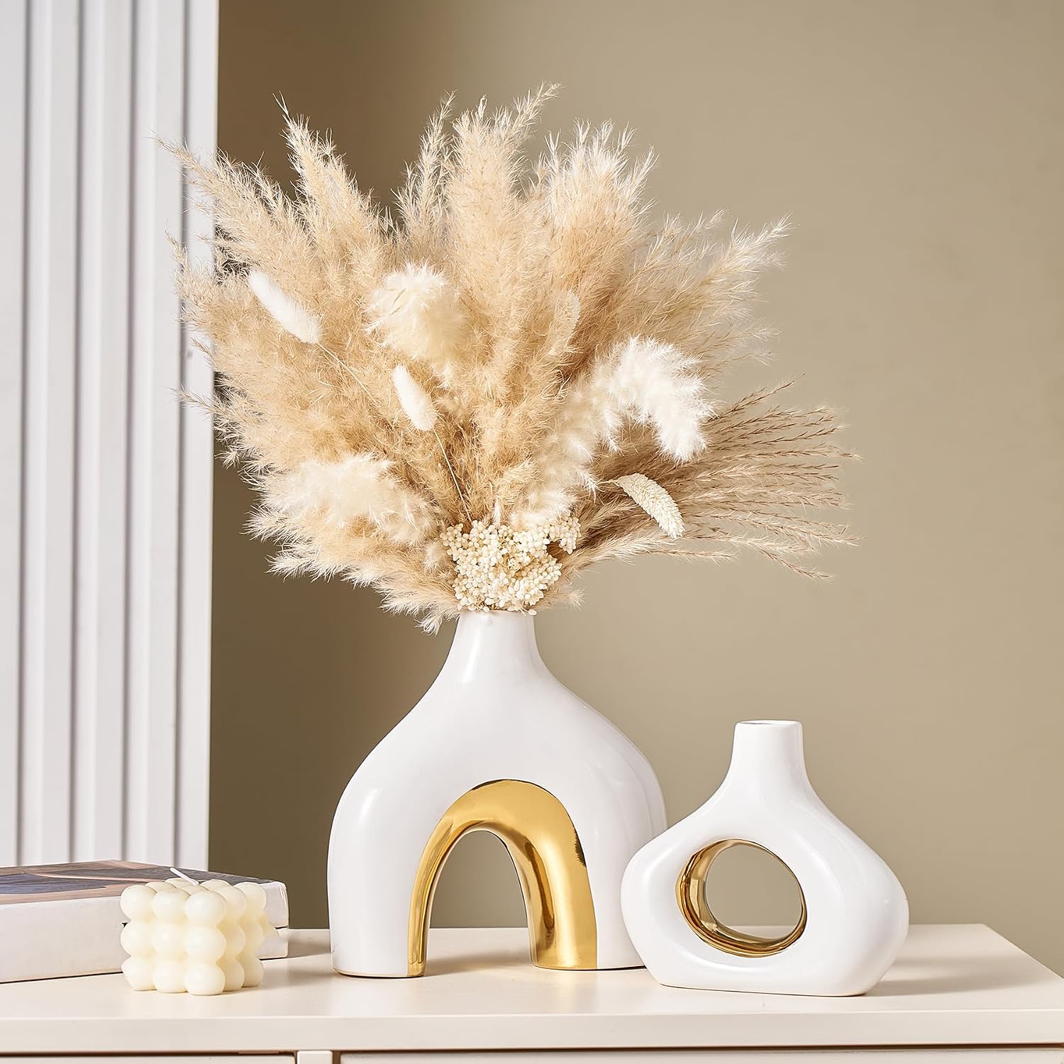 Modern Ceramic Donut Vase: Set of 2 -Minimalist Nordic White and Gold Hollow Vase Home Decor for Kitchen Dining Table Centerpieces Living Room Bederoom Entryway Wedding
