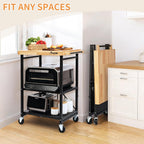 PLKOW Foldable Kitchen Cart with Solild Oak Wood Top, Rolling Kitchen Island on Wheels, 3-Tier Storage Utility Cart for Microwave, Toaster Oven, Small Spaces