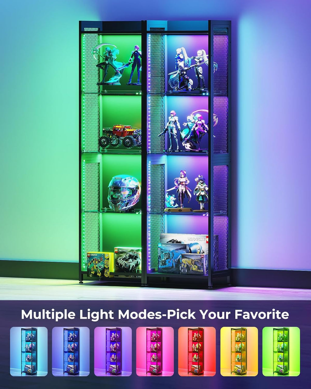 AODK Display Cabinet with LED Lights, 4-Tiers Display Case with Glass Storage Shelves, Black Curio Cabinet