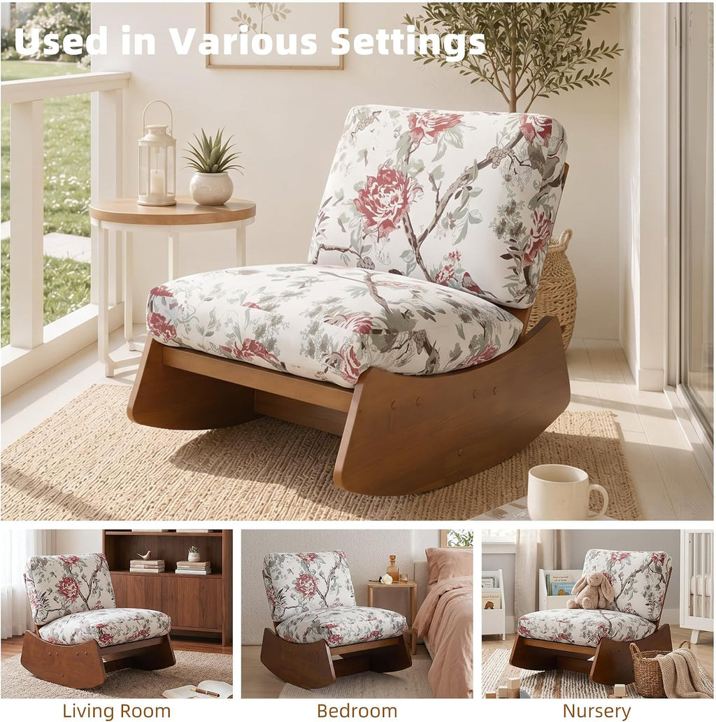 Mid-Century Modern Chenille Rocking Chair, Pattern White | Soft chenille upholstery | Sturdy solid wood base | Set of 1 | For nursery, living room, & bedroom